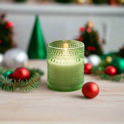 Primitive Ragon House 4&quot; Pine Green Dotted Glass Jar 3D Flame Battery Candle 6hr Timer - The Primitive Pineapple Collection