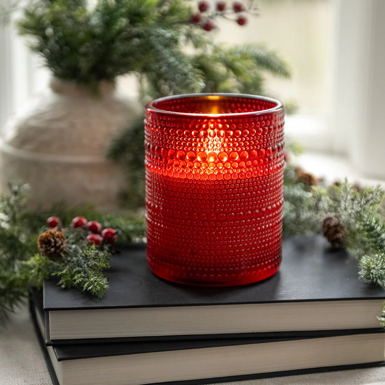 Primitive Ragon House 5&quot; Red Dotted Glass Jar 3D Flame Battery Candle 6hr Timer - The Primitive Pineapple Collection