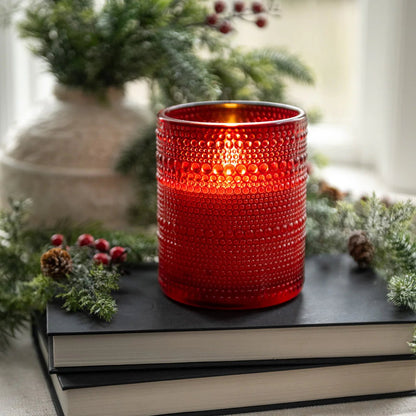 Primitive Ragon House 5&quot; Red Dotted Glass Jar 3D Flame Battery Candle 6hr Timer - The Primitive Pineapple Collection