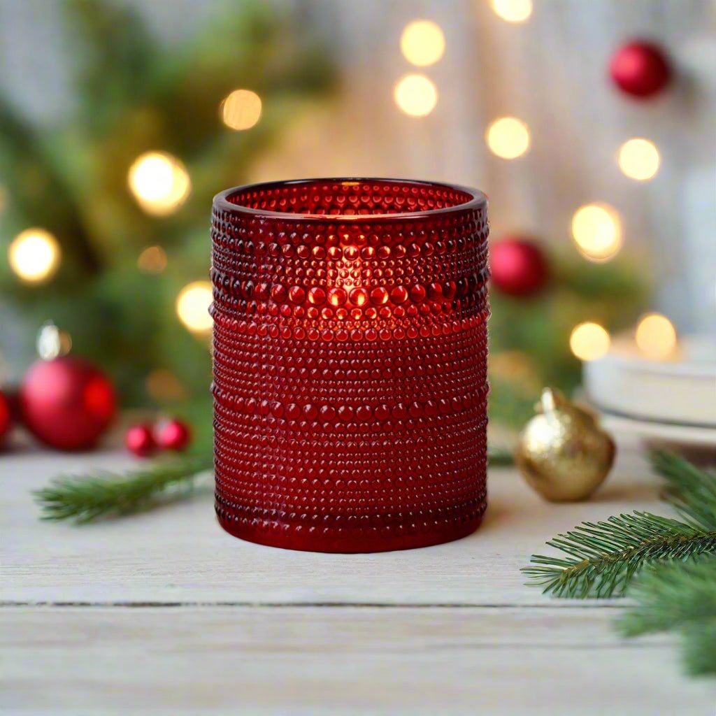 Primitive Ragon House 5&quot; Red Dotted Glass Jar 3D Flame Battery Candle 6hr Timer - The Primitive Pineapple Collection