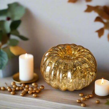 Ragon House Fall Halloween 5&quot; Gold Crackle Glass LED Pumpkin Candle w/ Timer - The Primitive Pineapple Collection