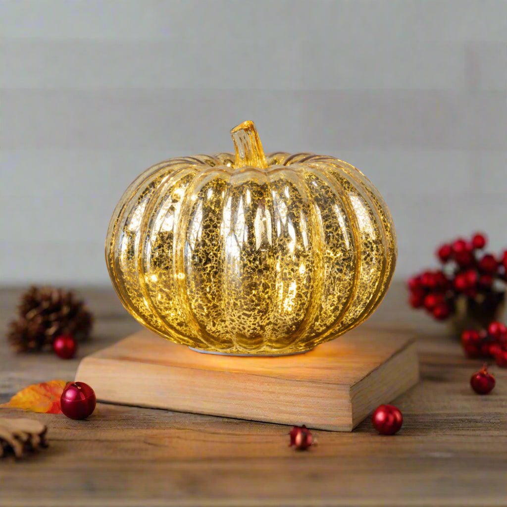 Ragon House Fall Halloween 5&quot; Gold Crackle Glass LED Pumpkin Candle w/ Timer - The Primitive Pineapple Collection