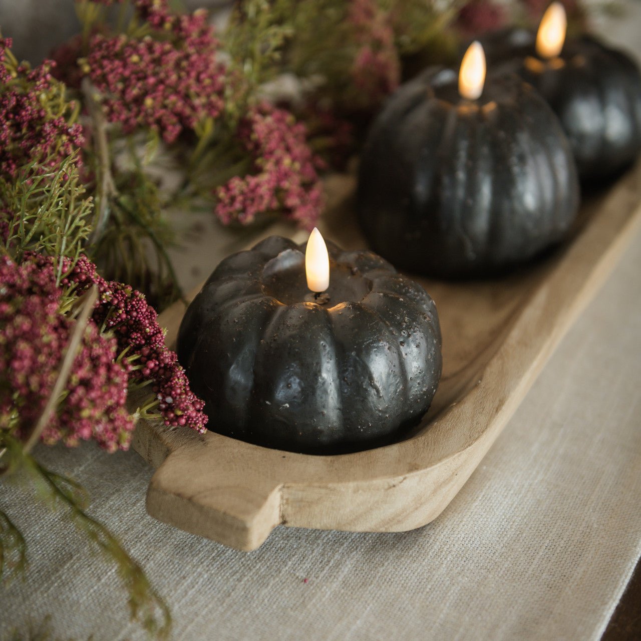 Ragon House Fall Halloween 3&quot; Black Short Pumpkin Candle w/ Timer - The Primitive Pineapple Collection