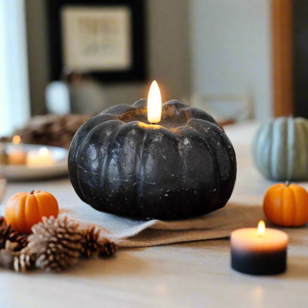 Ragon House Fall Halloween 3&quot; Black Short Pumpkin Candle w/ Timer - The Primitive Pineapple Collection