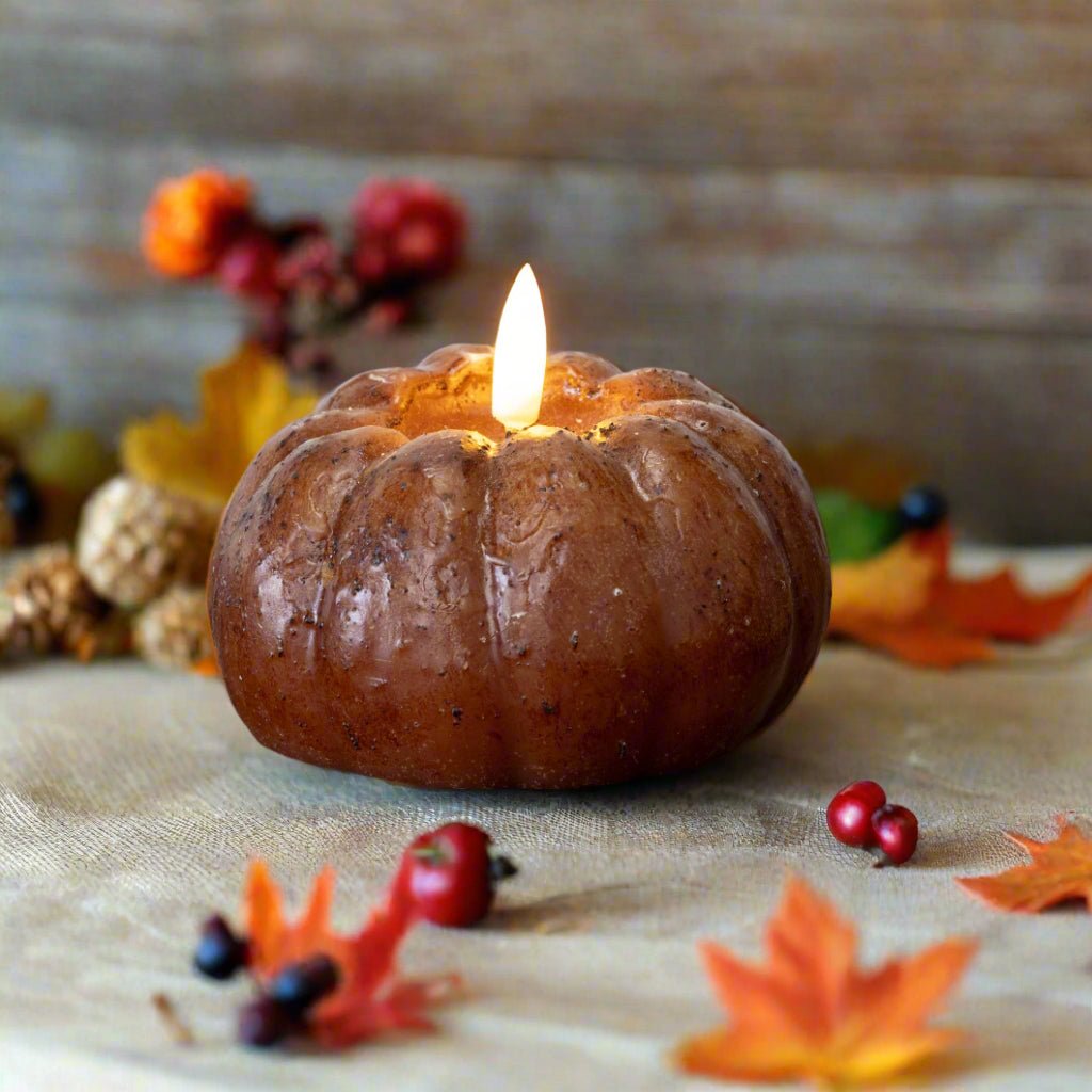 Ragon House Fall Halloween 3&quot; Bronze 3D Flame Pumpkin Candle w/ Timer - The Primitive Pineapple Collection