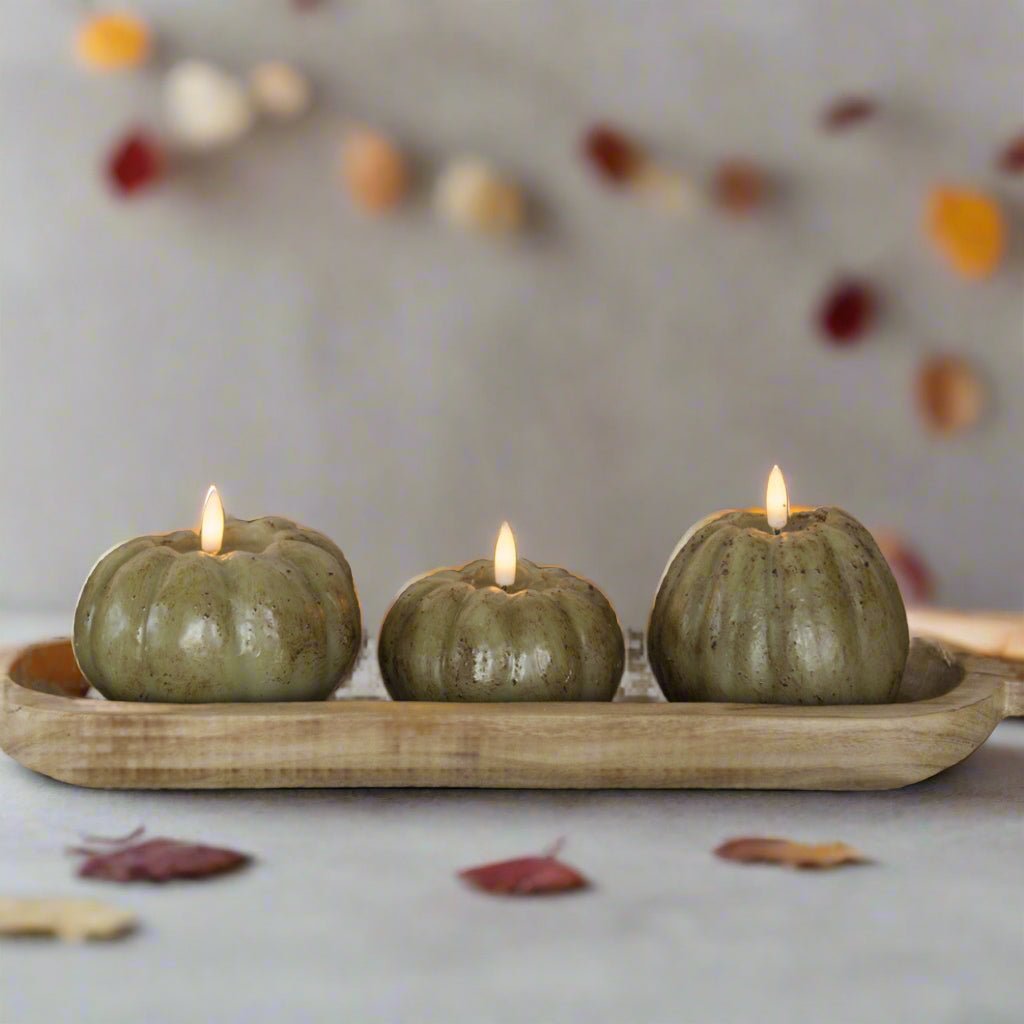 Ragon House Fall Halloween 3.5&quot; Green Short Pumpkin Candle w/ Timer - The Primitive Pineapple Collection