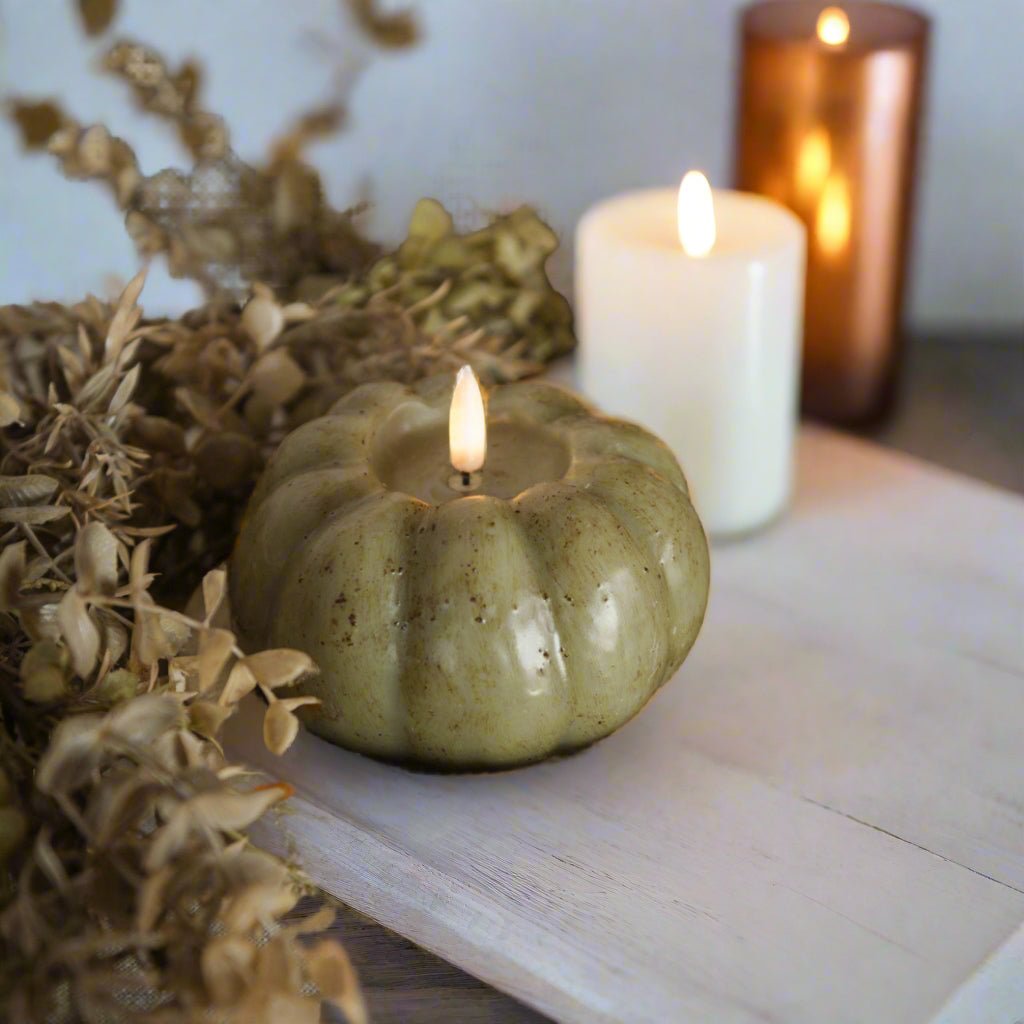 Ragon House Fall Halloween 3.5&quot; Green Short Pumpkin Candle w/ Timer - The Primitive Pineapple Collection
