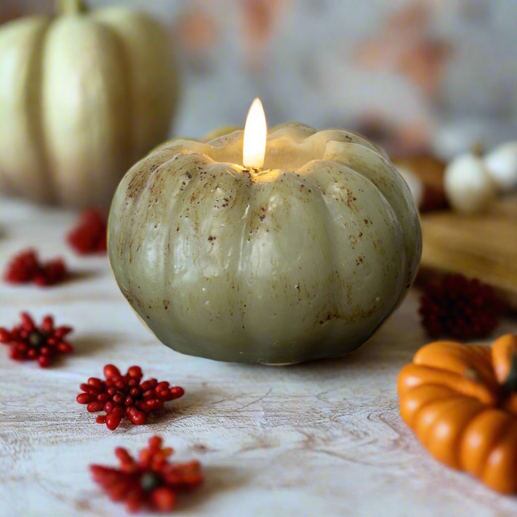 Ragon House Fall Halloween 3.5&quot; Green Short Pumpkin Candle w/ Timer - The Primitive Pineapple Collection