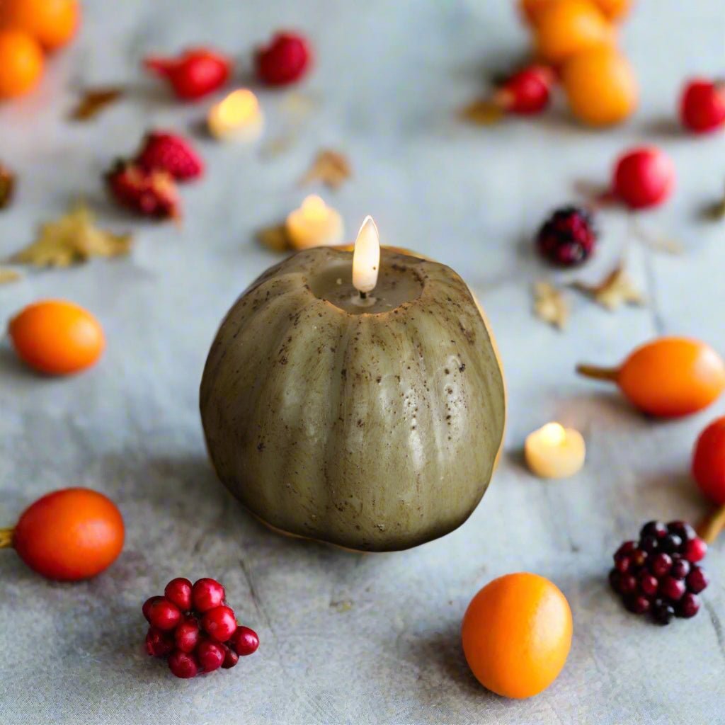 Ragon House Fall Halloween 4&quot; Green 3D Flame Pumpkin Candle w/ Timer - The Primitive Pineapple Collection