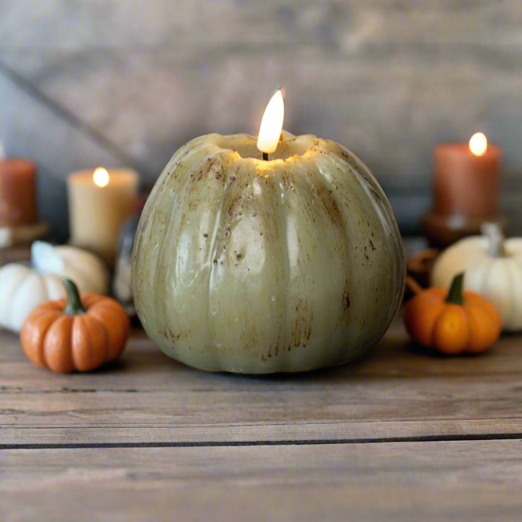 Ragon House Fall Halloween 4&quot; Green 3D Flame Pumpkin Candle w/ Timer - The Primitive Pineapple Collection