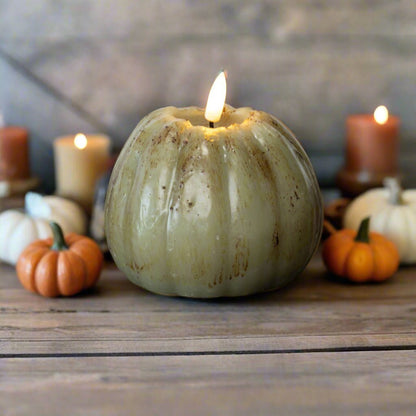 Ragon House Fall Halloween 4&quot; Green 3D Flame Pumpkin Candle w/ Timer - The Primitive Pineapple Collection
