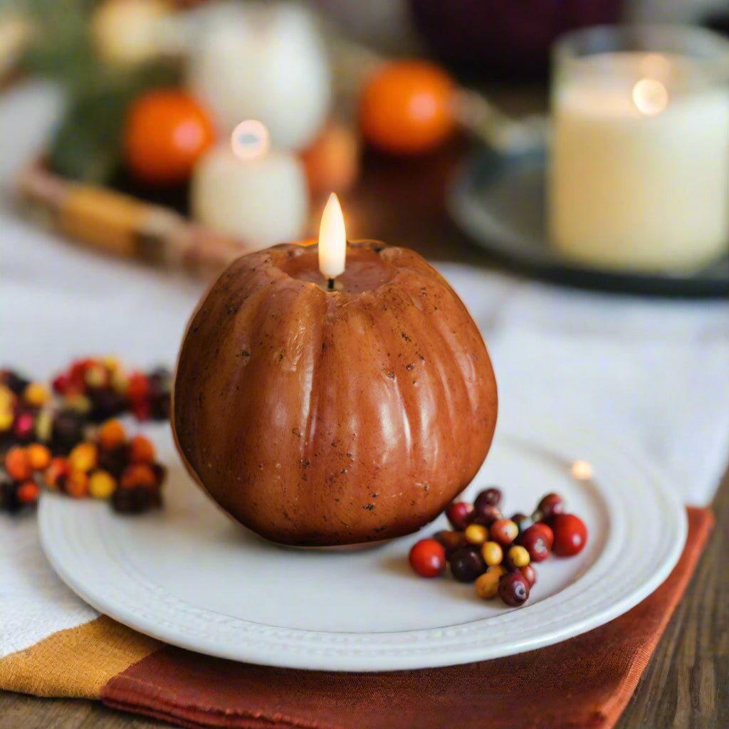 Ragon House Fall Halloween 4&quot; Orange 3D Flame Pumpkin Candle w/ Timer - The Primitive Pineapple Collection