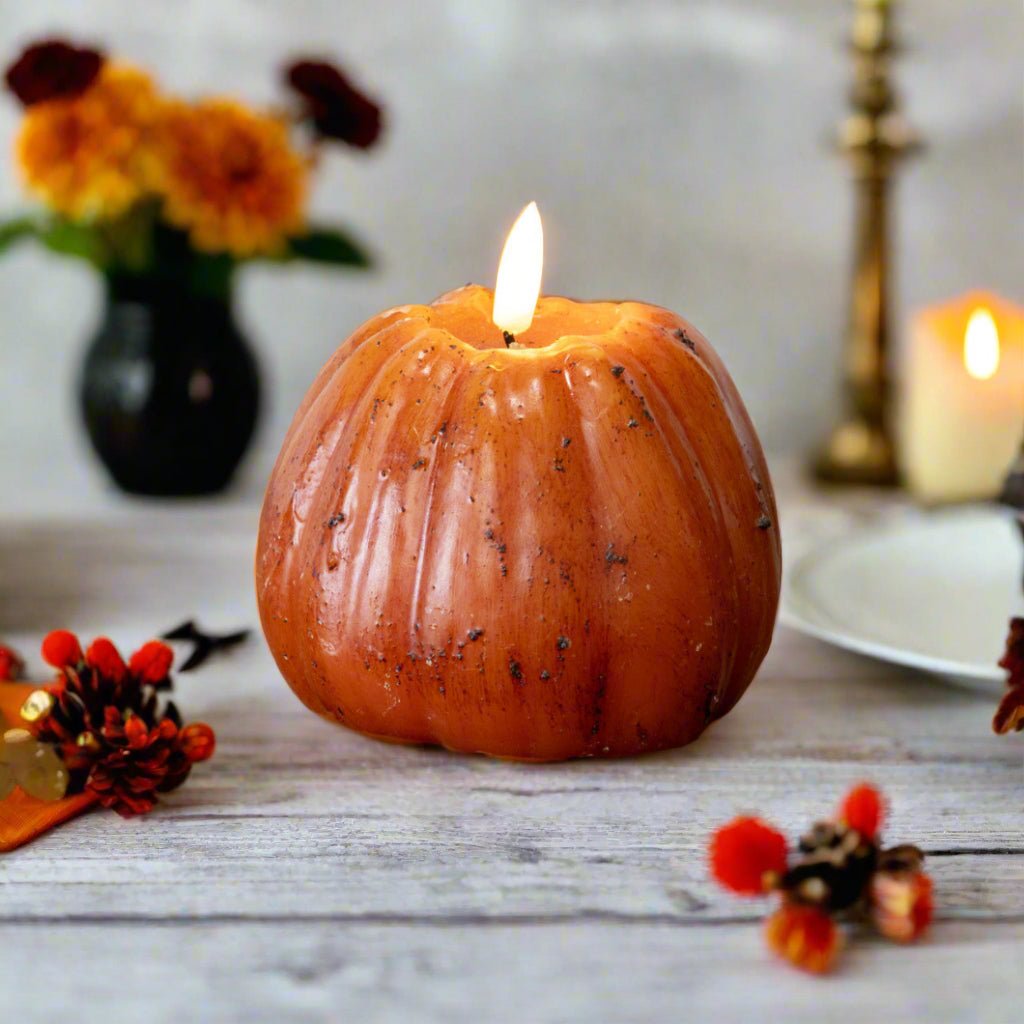 Ragon House Fall Halloween 4&quot; Orange 3D Flame Pumpkin Candle w/ Timer - The Primitive Pineapple Collection