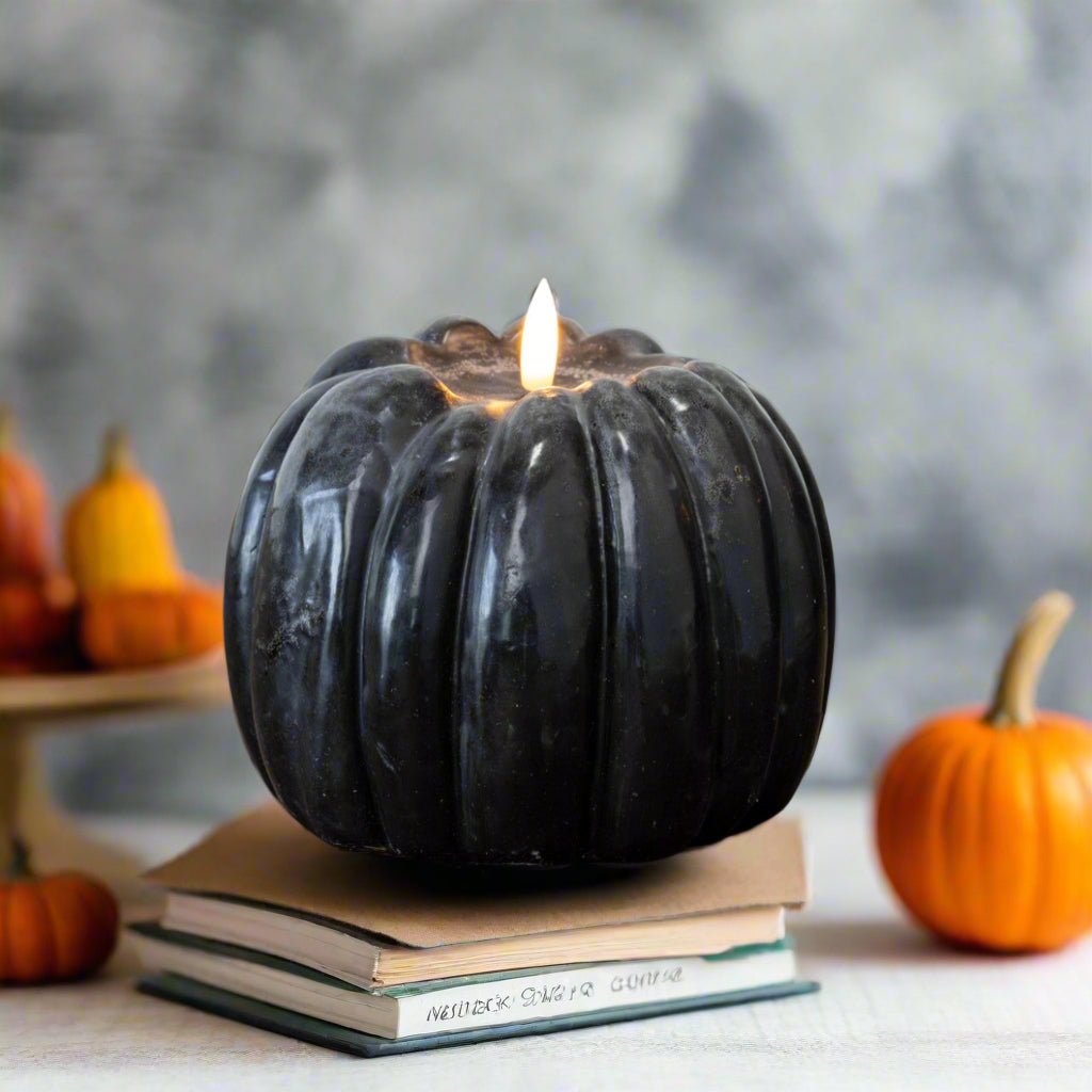 Ragon House Fall Halloween 5&quot; Black 3D Flame Pumpkin Candle w/ Timer - The Primitive Pineapple Collection