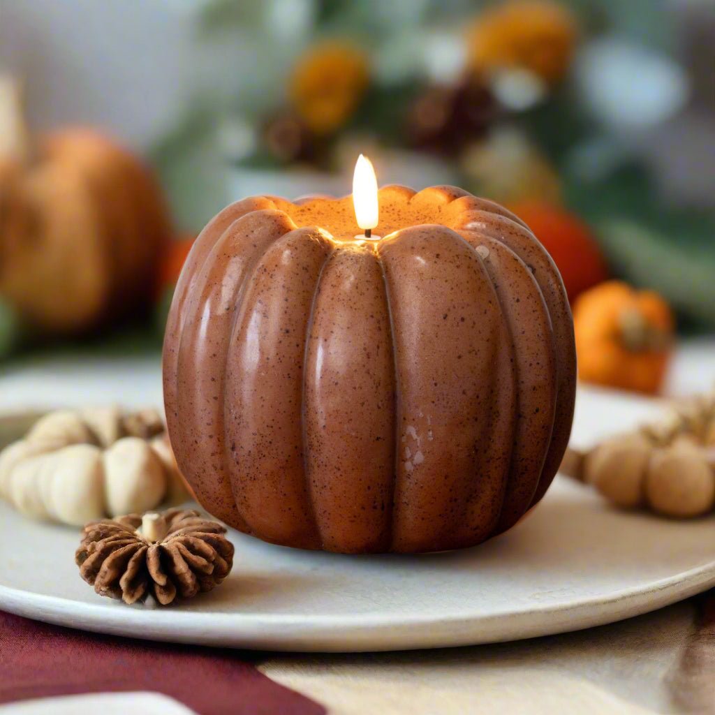 Ragon House Fall Halloween 5&quot; Bronze 3D Flame Pumpkin Candle w/ Timer - The Primitive Pineapple Collection