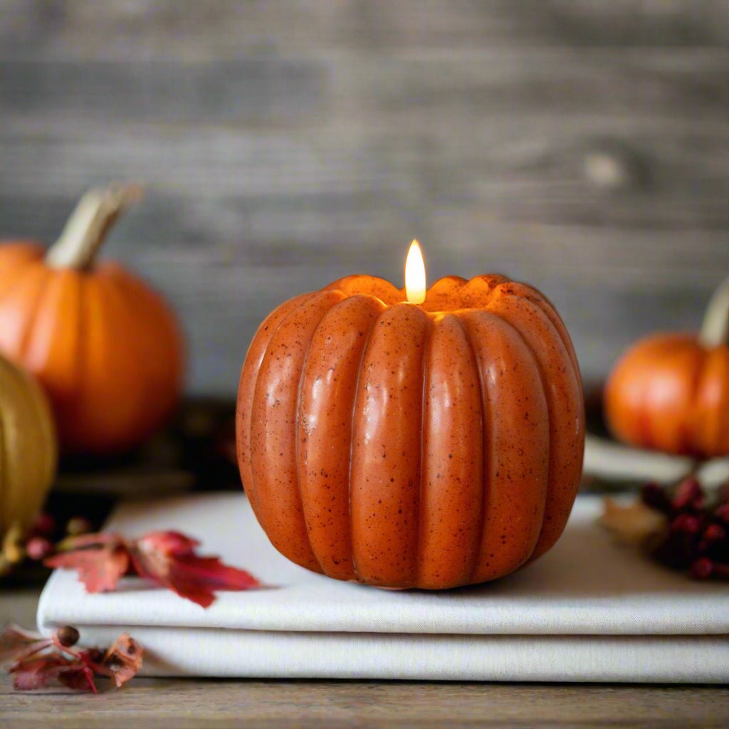 Ragon House Fall Halloween 5&quot; Orange 3D Flame Pumpkin Candle w/ Timer - The Primitive Pineapple Collection