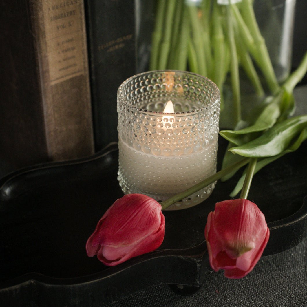 Primitive Ragon House 3.25&quot; Dotted Glass Jar 3D Flame Battery Candle 6hr Timer - The Primitive Pineapple Collection