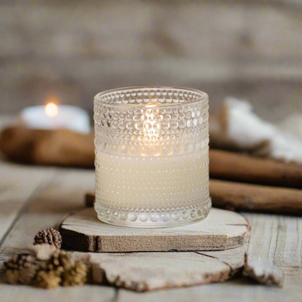 Primitive Ragon House 3.25&quot; Dotted Glass Jar 3D Flame Battery Candle 6hr Timer - The Primitive Pineapple Collection