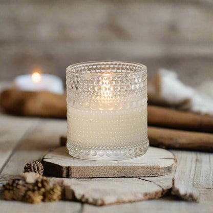 Primitive Ragon House 3.25&quot; Dotted Glass Jar 3D Flame Battery Candle 6hr Timer - The Primitive Pineapple Collection