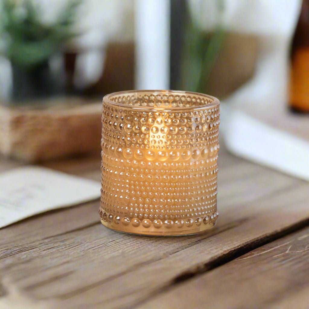 Primitive Ragon House 3.25" Champagne Dotted Glass Jar 3D Flame Battery Candle 6hr Timer - The Primitive Pineapple Collection