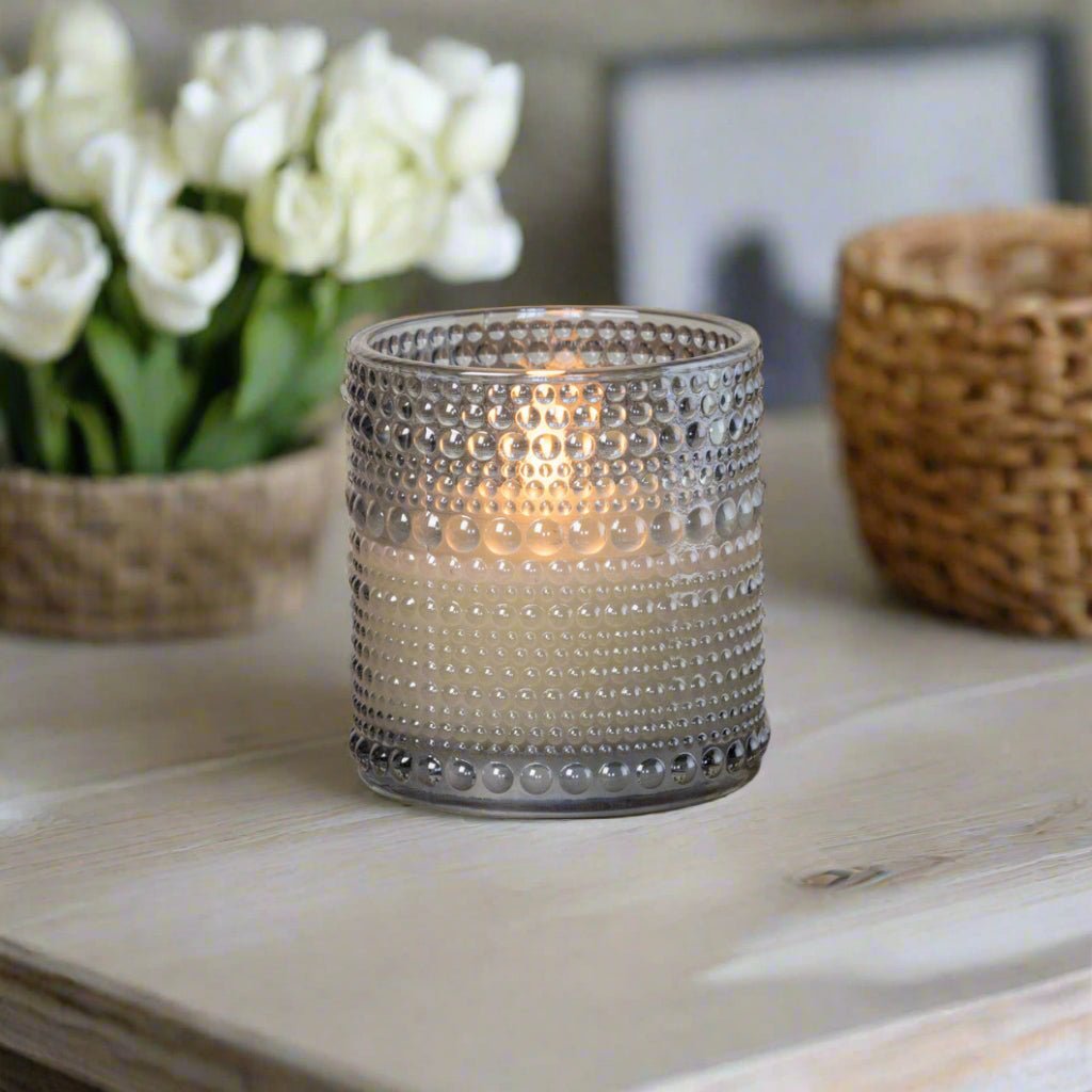 Primitive Ragon House 3.25" Gray Dotted Glass Jar 3D Flame Battery Candle 6hr Timer - The Primitive Pineapple Collection