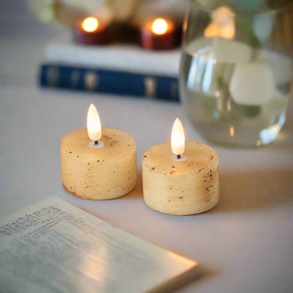 Ragon House 2 pc 3D Flame Speckled Cream Battery Tealight Candle 6hr Timer - The Primitive Pineapple Collection