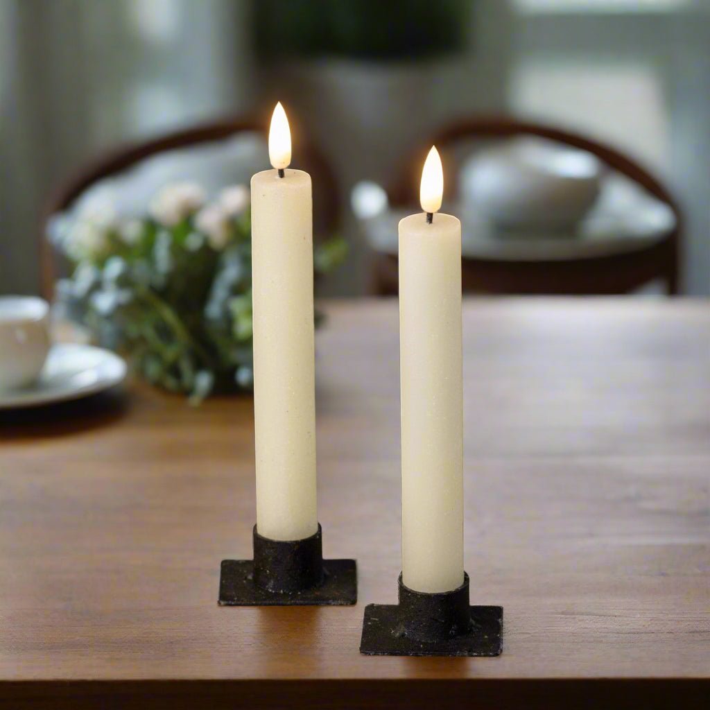 Primitive Country 7" 3D Flame 2 pc Cream Shimmer Flicker Taper Candle 6hr timer - The Primitive Pineapple Collection