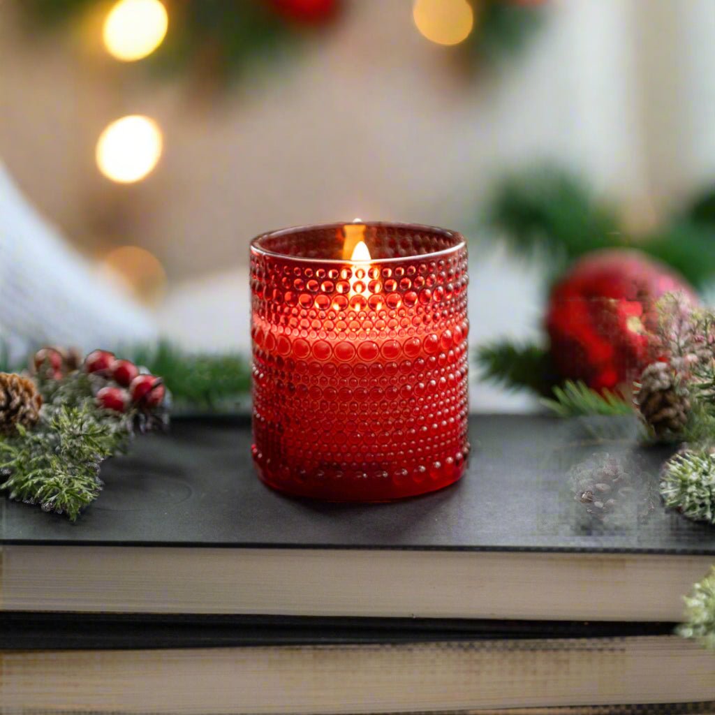 Primitive Ragon House 3.25&quot; Red Dotted Glass Jar 3D Flame Battery Candle 6hr Timer - The Primitive Pineapple Collection