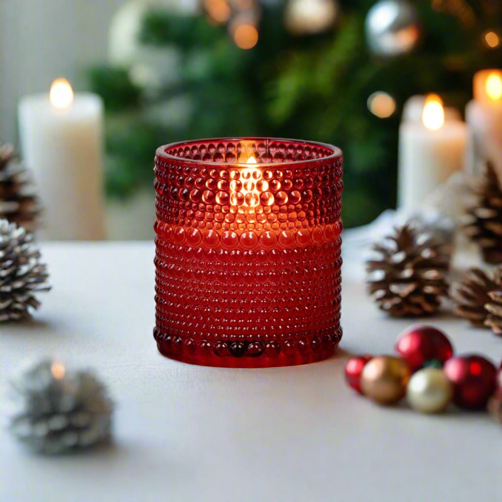 Primitive Ragon House 3.25&quot; Red Dotted Glass Jar 3D Flame Battery Candle 6hr Timer - The Primitive Pineapple Collection
