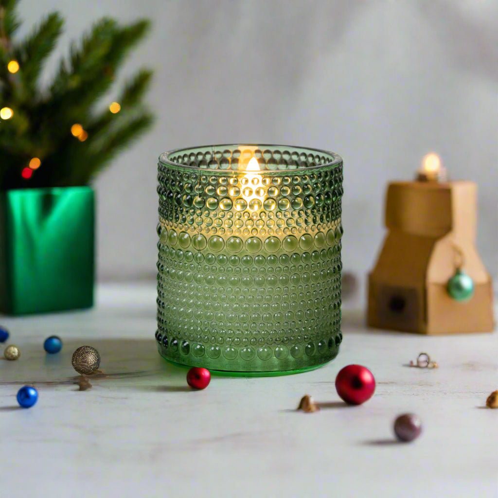 Primitive Ragon House 3.25&quot; Pine Green Dotted Glass Jar 3D Flame Battery Candle 6hr Timer - The Primitive Pineapple Collection