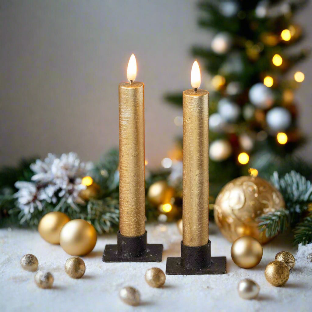 Primitive Country 7&quot; 3D Flame 2 pc Gold Flicker Taper Candle 6hr timer
