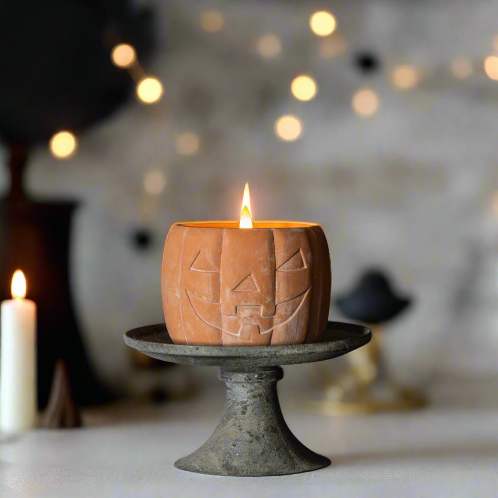 Ragon House Fall Halloween 3.75&quot; Orange Jack O Lantern 3D Flame Candle Jar Timer - The Primitive Pineapple Collection
