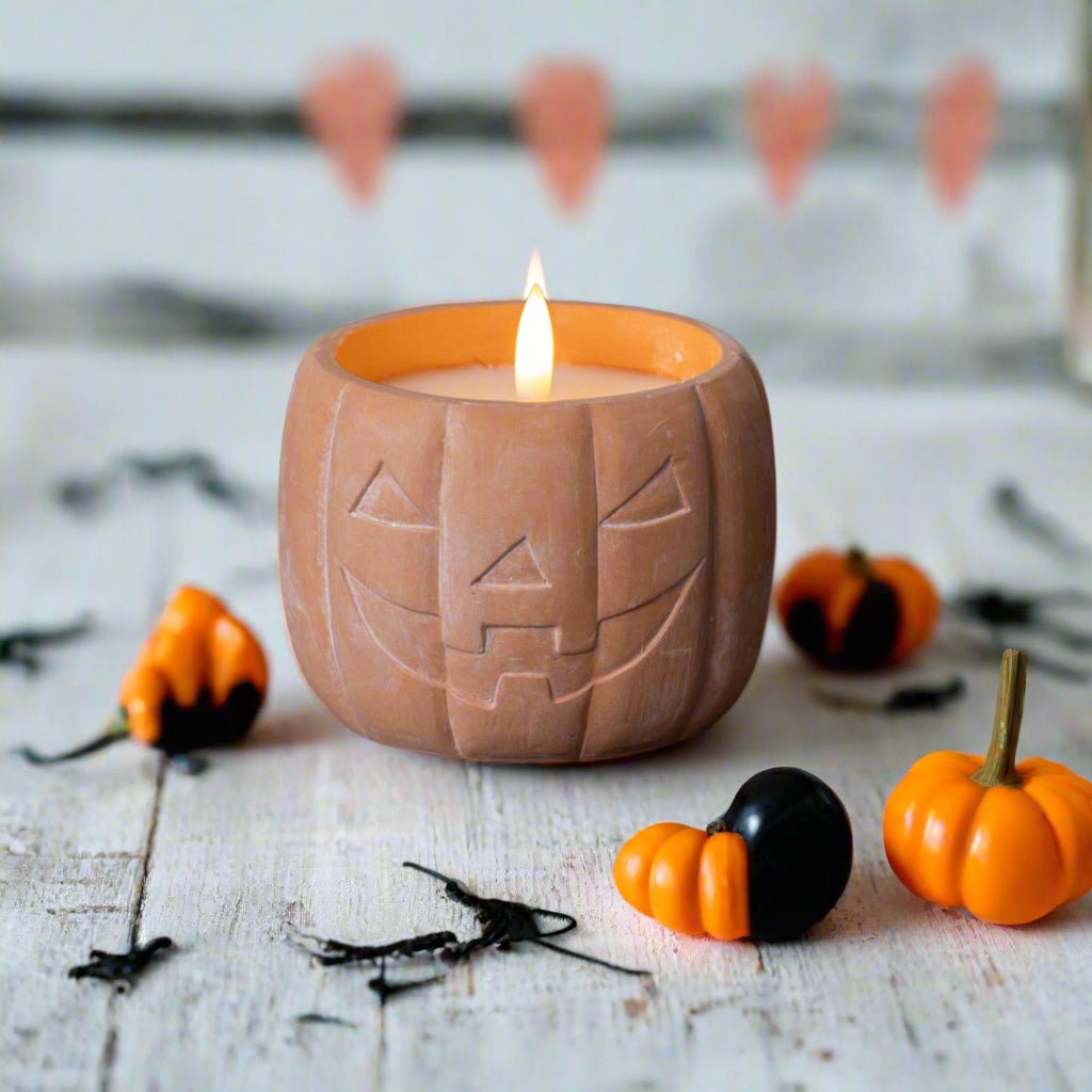 Ragon House Fall Halloween 3.75&quot; Orange Jack O Lantern 3D Flame Candle Jar Timer - The Primitive Pineapple Collection