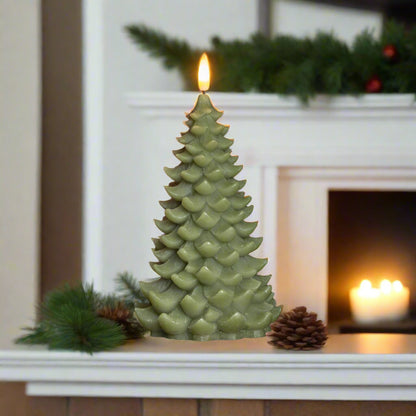 Primitive Christmas Ragon House 8&quot; Dark Green 3D Flame Balsam Tree Candle w/ Timer