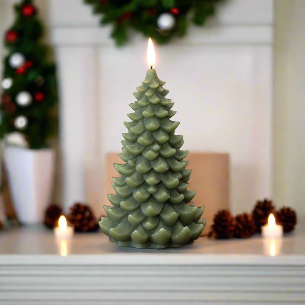 Primitive Christmas Ragon House 8&quot; Dark Green 3D Flame Balsam Tree Candle w/ Timer
