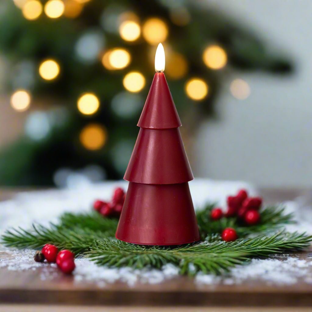 Primitive Christmas Ragon House 7&quot; Red 3D Flame Smooth Tree Candle w/ Timer - The Primitive Pineapple Collection