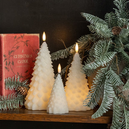 Primitive Christmas Ragon House 7.5&quot; Cream 3D Flame Balsam Tree Candle w/ Timer - The Primitive Pineapple Collection