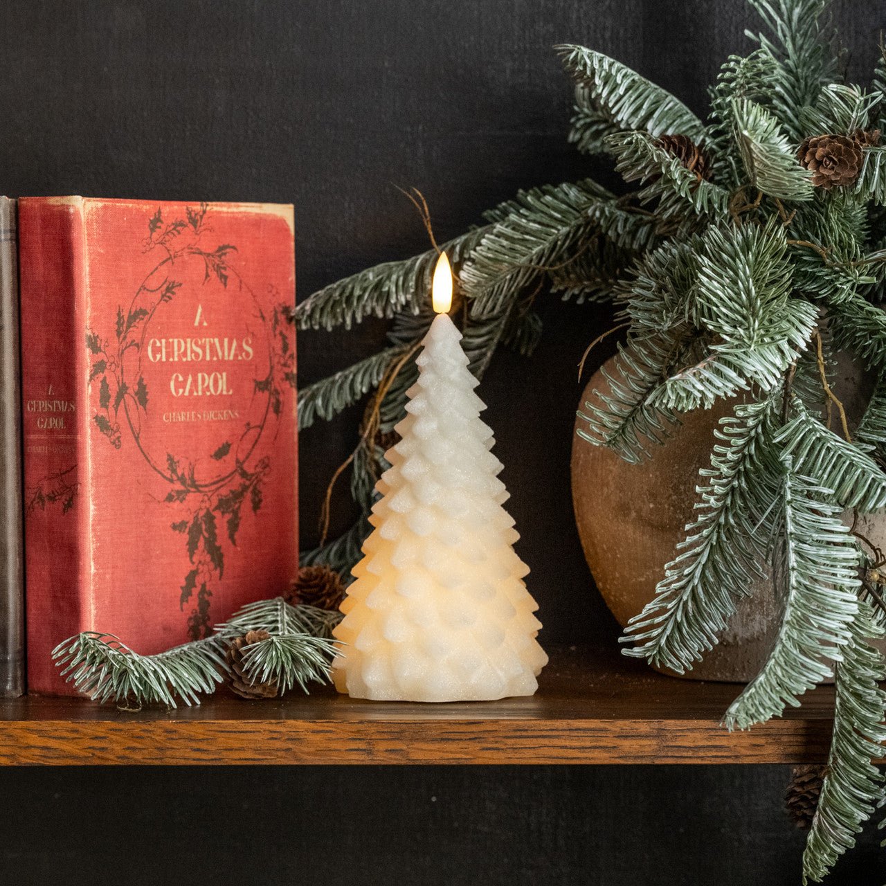 Primitive Christmas Ragon House 7.5&quot; Cream 3D Flame Balsam Tree Candle w/ Timer - The Primitive Pineapple Collection
