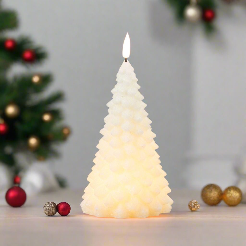 Primitive Christmas Ragon House 7.5&quot; Cream 3D Flame Balsam Tree Candle w/ Timer - The Primitive Pineapple Collection