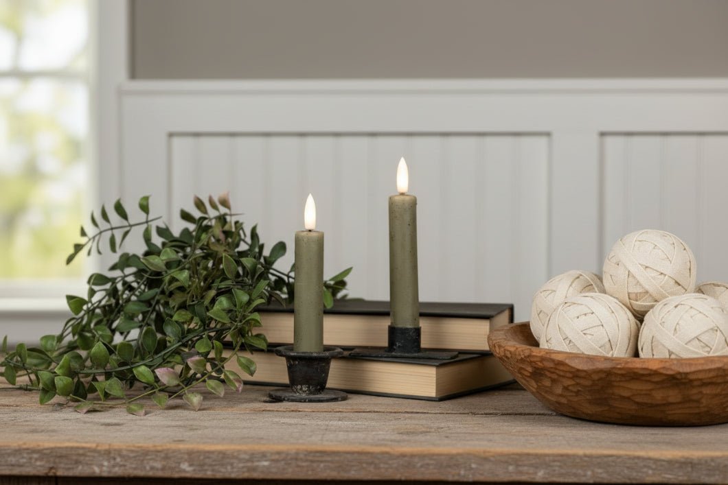 Ragon House 5.75" 3D Flame 2 pc Green Flicker Taper Candle 6hr timer - The Primitive Pineapple Collection