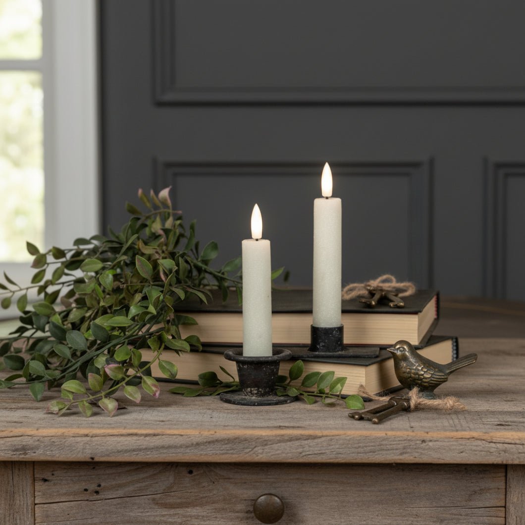 Ragon House 5.75" 3D Flame 2 pc Cream Shimmer Flicker Taper Candle 6hr timer - The Primitive Pineapple Collection