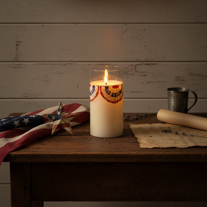 Ragon House 6" Patriotic Bunting Glass 3D Flame Candle - The Primitive Pineapple Collection