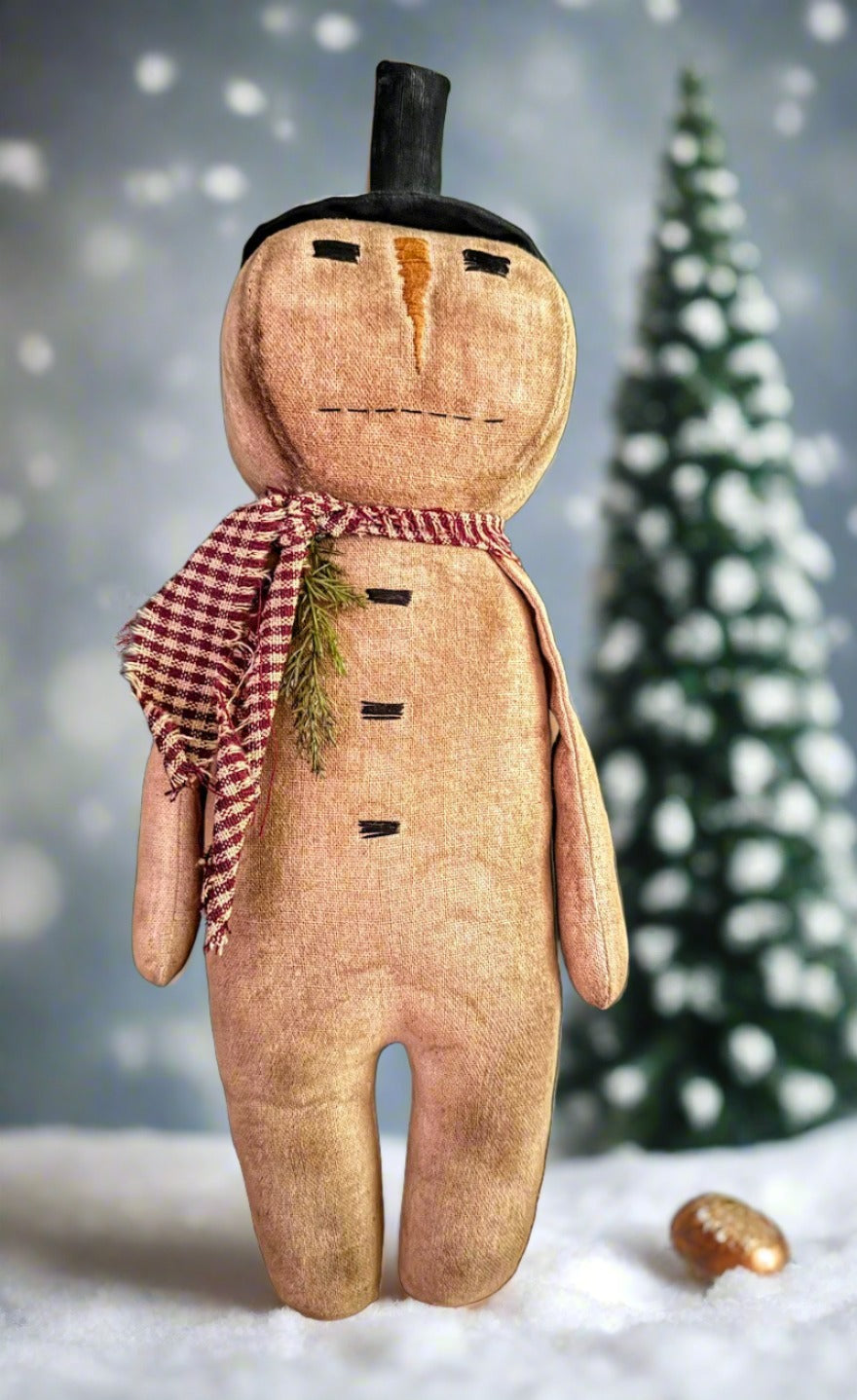 Primitive Handcrafted Folk Art Snowman w/ Red Check Scarf Doll 17&quot;