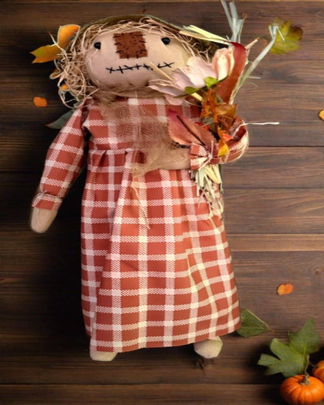 Primitive Folk Art USA Fall Girl Scarecrow on Stand w/ Orange White Dress 15&quot;