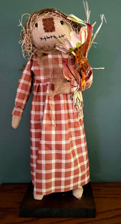 Primitive Folk Art USA Fall Girl Scarecrow on Stand w/ Orange White Dress 15&quot;