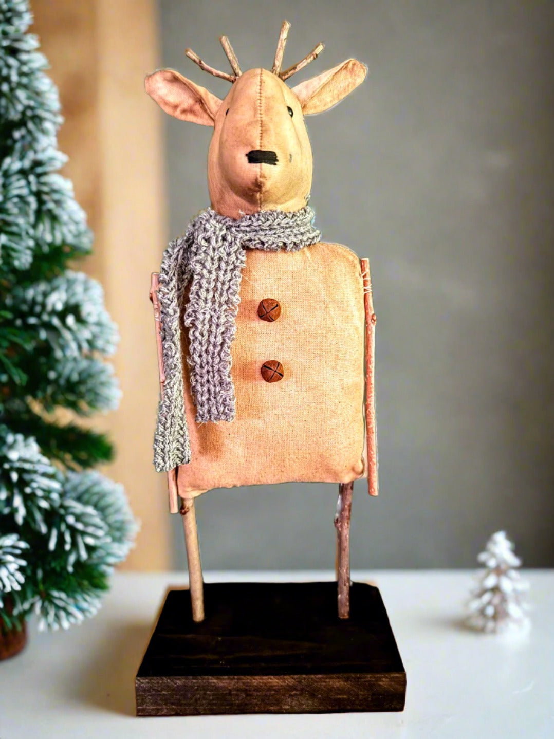 Primitive Handcrafted Folk Art Rustic Twig Reindeer on Stand w/ Scarf 12.5&quot;