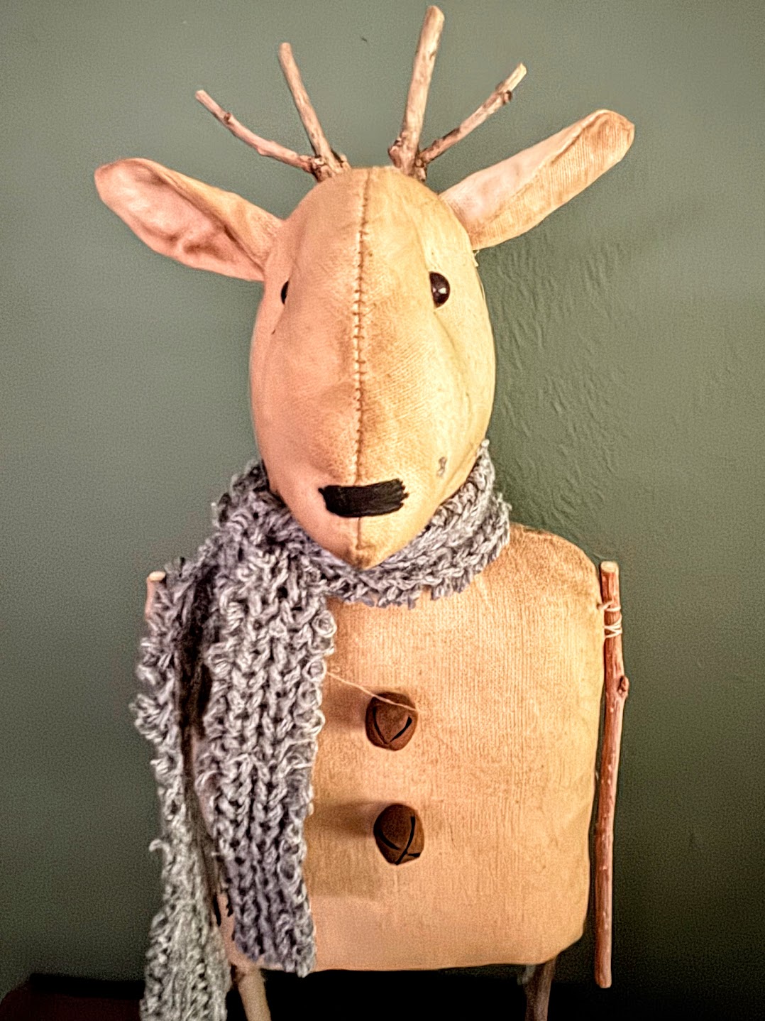 Primitive Handcrafted Folk Art Rustic Twig Reindeer on Stand w/ Scarf 12.5&quot;