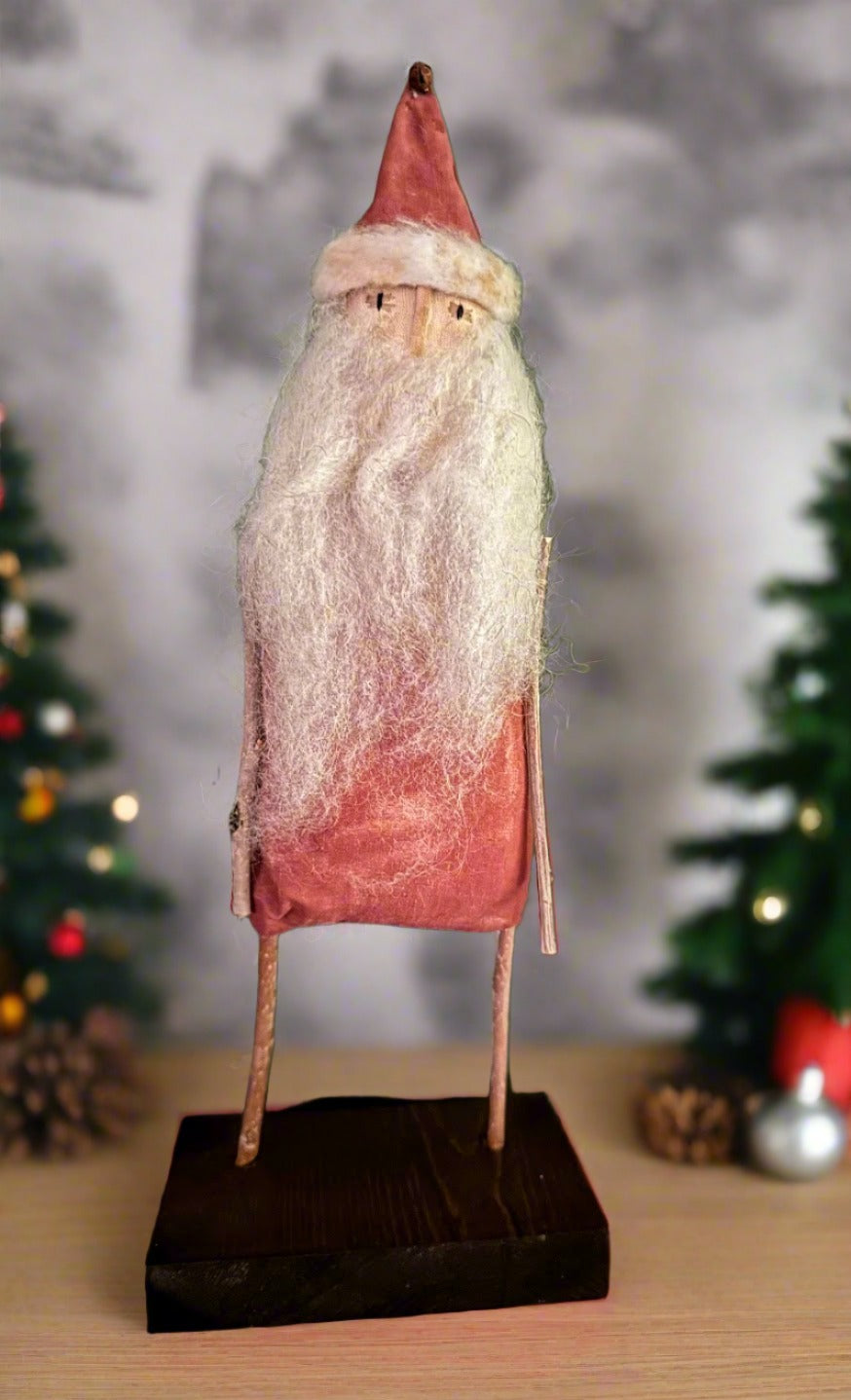 Primitive Handcrafted Folk Art Rustic Twig Santa on Stand w/ Scarf 12.5&quot;