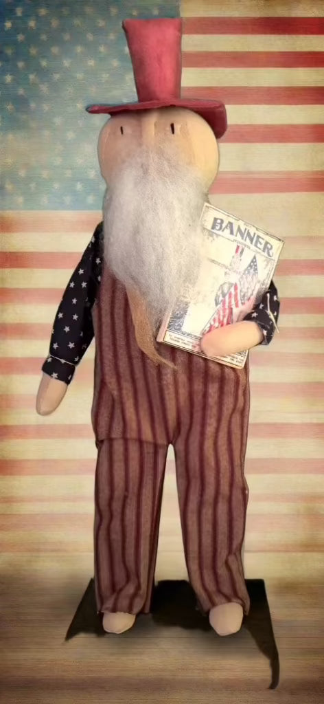 Primitive Folk Art USA Uncle Sam w/ Overalls on Stand Flag 16&quot;