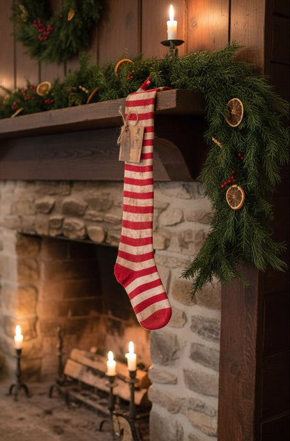 Christmas Handcrafted USA ONE Grungy Primitive Red Stocking 22&quot; w/ Prim Tag - The Primitive Pineapple Collection